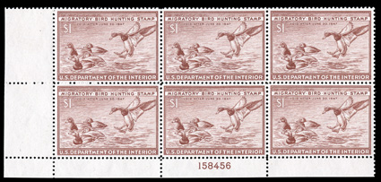 RW13, 1946 $1.00 Red brown, choice bottom left corner margin plate no. 158456 block of six, precisely centered, o.g., n.h., extremely fine.