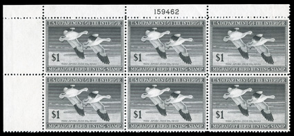RW14, 1947 $1.00 Black, top left corner margin plate no. 159462 block of six, incredibly well centered throughout, o.g., n.h., an extremely fine gem.