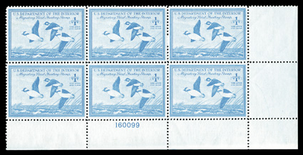 RW15, 1948 $1.00 Bright blue, select bottom right corner margin plate no. 160099 block of six, beautifully centered, crisp and intact, o.g., n.h., extremely
fine.