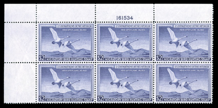 RW17, 1950 $2.00 Violet, attractive top left corner margin plate no. 161534 block of six, beautifully centered, strong and intact, o.g., n.h., extremely fine.