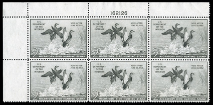 RW18, 1951 $2.00 Gray black, gorgeous top left corner margin plate no. 162126 block of six, with each stamp being incredibly well centered amid large margins, o.g., n.h., an
extremely fine gem.