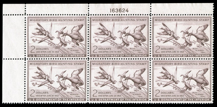 RW20, 1953 $2.00 Dark rose brown, handsome top left corner margin plate no. 163624 block of six, remarkably well centered throughout, crisp and intact, o.g., n.h., extremely
fine and choice.