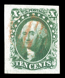 14, 10c Green, Ty. II, used, large to huge margins all around, fresh color, light red grid cancel, extremely fine 2001 PF certificate.
