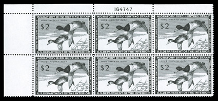 RW21, 1954 $2.00 Black, top left corner margin plate no. 164747 block of six, excellent centering, o.g., n.h., extremely fine.