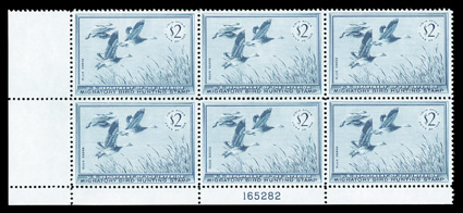 RW22, 1955 $2.00 Dark blue, choice bottom left corner margin plate no. 165282 block of six, near perfect centering, o.g., n.h., extremely fine.