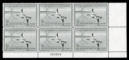 RW23, 1956 $2.00 Black, bottom right corner margin plate no. 165829 block of six, beautifully centered, o.g., n.h., extremely fine.