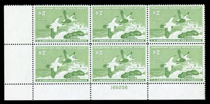 RW24, 1957 $2.00 Emerald, select bottom left corner margin plate no. 166256 block of six, extraordinarily well centered, o.g., n.h., extremely fine and
choice.