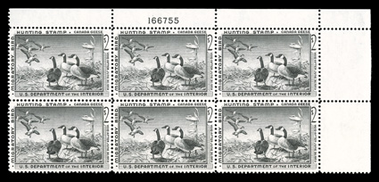 RW25, 1958 $2.00 Black, handsome top right corner margin plate no. 166755 block of six, excellent centering, o.g., n.h., extremely fine.