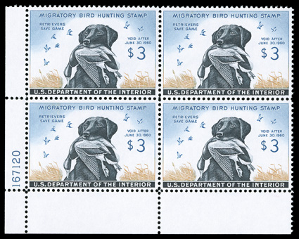 RW26, 1959 $3.00 Blue, ochre and black, bottom left corner margin plate no. 167120 block of four, choice centering, o.g., n.h., extremely fine.