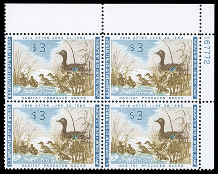 RW28, 1961 $3.00 Multicolored, top right corner margin plate no. 167772 block of four, incredibly well centered, o.g., n.h., extremely fine.