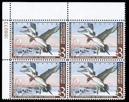 RW29, 1962 $3.00 Multicolored, top left corner margin plate no. 168073 block of four, wonderfully well centered, o.g., n.h., extremely fine.