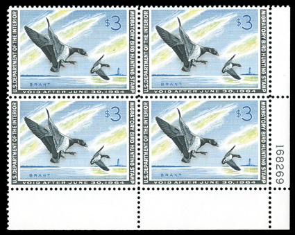 RW30, 1963 $3.00 Multicolored, bottom right corner margin plate no. 168269 block of four, flawless centering, o.g., n.h., extremely fine.