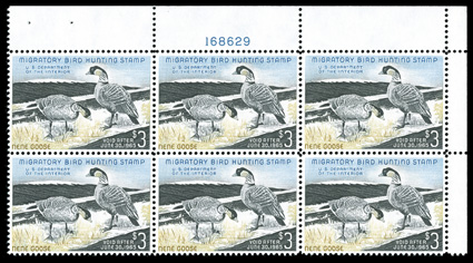 RW31, 1964 $3.00 Multicolored, desirable top right corner margin plate no. 168629 block of six, outstanding centering, o.g., n.h., extremely fine and scarce.