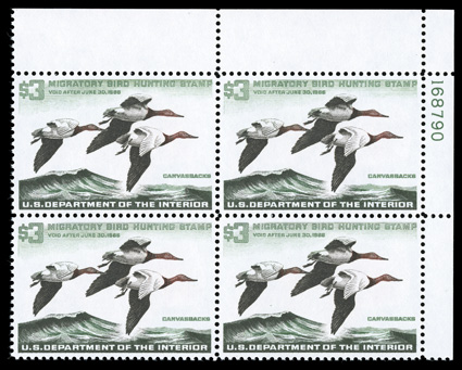 RW32, 1965 $3.00 Multicolored, top right corner margin plate no. 168790 block of four, outstanding centering, o.g., n.h., extremely fine.