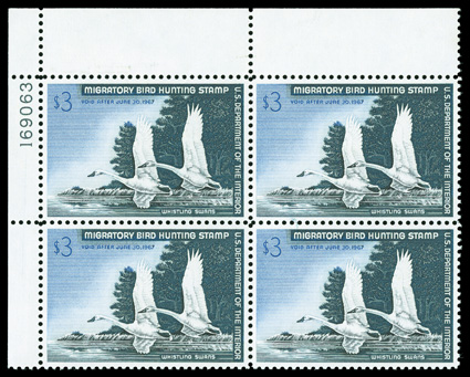 RW33, 1966 $3.00 Multicolored, top left corner margin plate no. 169063 block of four, choice centering, o.g., n.h., extremely fine.