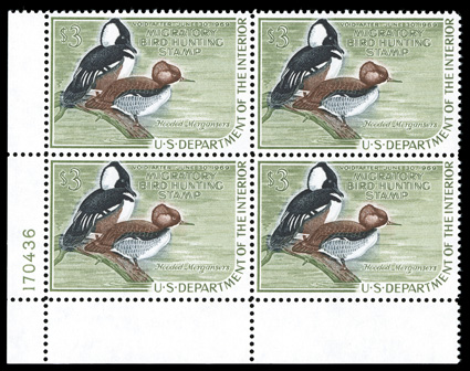 RW35, 1968 $3.00 Multicolored, bottom left corner margin plate no. 170436 block of four, very well centered, o.g., n.h., extremely fine.