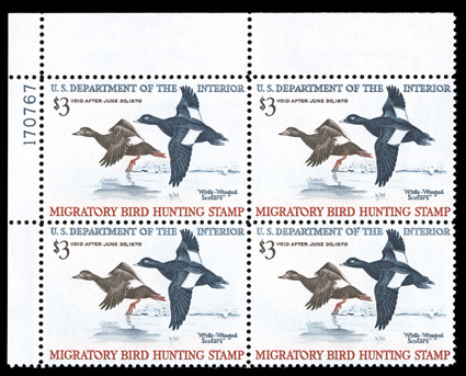 RW36, 1969 $3.00 Multicolored, top left corner margin plate no. 170767 block of four, precisely centered, o.g., n.h., extremely fine.