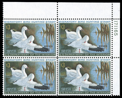 RW37, 1970 $3.00 Multicolored, top right corner margin plate no. 171165 block of four, excellent centering, o.g., n.h., extremely fine.