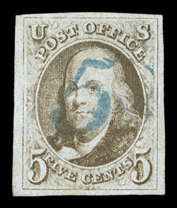 1, 5c Brown, four large margins, attractive color in the Brown shade, wonderfully cancelled by a socked-on-the-nose blue numeral 5, extremely fine 2008 PSE certificate (XF 90 SMQ
$650.00 for a normal cancel).