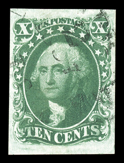 15, 10c Green, Ty. III, used, large to extra-large margins on all four sides, lovely rich color and a well defined impression, light c.d.s. cancel, extremely fine 1987 PF
certificate and a 2006 PSE certificate (XF 90 SMQ $320.00).