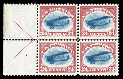 C1-3, 6c-24c 1918 Air Posts cplt., matched set of left margin arrow blocks of four, bright and fresh, o.g., C2 lightly hinged in the selvage only, the stamps all n.h.,
fine-very fine set.