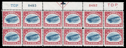 C1-3, 6c-24c 1918 Air Posts cplt., matched set of top margin plate no. and arrow blocks of twelve, o.g., first two with some small h.r.s, last hinged in the ungummed selvage
only, the stamps being n.h., first and last with gum skips, fine-very