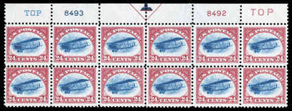 C3, 24c Carmine rose and blue, top margin arrow, two TOP and plate nos. 8493, 8492 block of twelve, strong colors, o.g., never hinged, a few minor gum skips and a couple tiny
natural wrinkles in the selvage, fine-very fine.