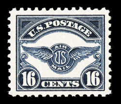 C5, 16c Dark blue, exceptionally well centered within larger margins than typically seen, intense rich color on fresh white paper, o.g., never hinged, extremely fine 1989 PF
certificate for a block of four, this being the top right stamp.