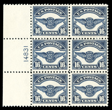 C5, 16c Dark blue, fresh left margin plate no. 14831 block of six, strong and intact perforations, o.g., n.h., fine-very fine.