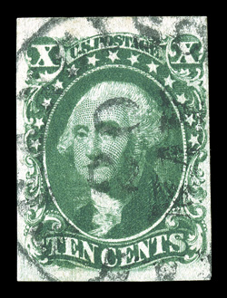 16, 10c Green, Ty. IV, position 3R1, recut at top, deep intense color and a particularly sharp impression, ample to mostly large margins all around, town c.d.s. cancel, very
fine 1982 and 2002 PF certificates.