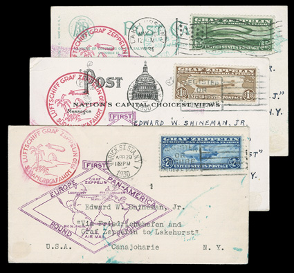 C13-15, 65c-$2.60 Graf Zeppelins cplt., excellent centering, tied to flown picture post cards, or in the case of the $2.60 a cover, appropriate U.S. and German flight cachets
and green receiving cancels, very fine set.