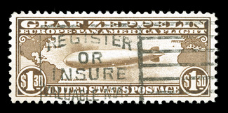 C14, $1.30 Graf Zeppelin, highly select used example, outstanding centering amid large balanced margins, strong color, slogan cancel, extremely fine 2007 PSE certificate
(XF-Superb 95 SMQ $900.00).