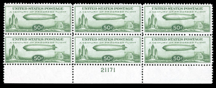 C18, 50c Graf Zeppelin, bottom margin plate no. 21171 block of six, well centered and fresh, o.g., n.h. (usual gum skips and bends), very fine.