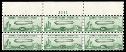 C18, 50c Graf Zeppelin, top margin plate no. 21172 block of six, fresh and intact, o.g., n.h., trivial natural gum skips, fine-very fine.