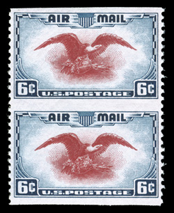 C23a, 6c Dark blue and carmine, imperforate horizontally, vertical pair, exceptionally well centered and margined, wonderfully bright and fresh, o.g., n.h., extremely fine
while this error would not be classified as rare, it is quite challengin