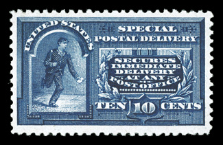E4, 10c Blue, premium quality mint example, very well centered within exceptionally large margins, deeply rich color and a highly detailed impression, pristine o.g., never
hinged, extremely fine choice never hinged copies of E4 are especially