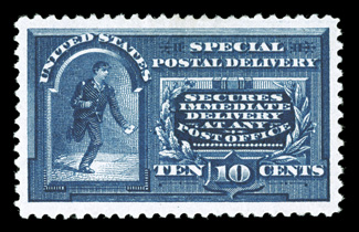 E4, 10c Blue, a striking mint single, featuring lavishly large margins all around and being remarkably well centered within them, sumptuously rich color and a deeply etched
impression on especially fresh paper, o.g., lightly hinged, extremely fi