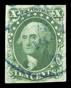 16, 10c Green, Ty. IV, position 86L1, recut at top, four full margins, attractive color, light blue c.d.s. cancel, tiny natural inclusion, very fine 1983 PF
certificate.