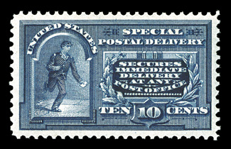 E5a, 10c Blue, dots in curve above messenger variety, especially well centered and margined, sumptuously rich color and a crisp detailed impression on bright paper, immaculate
o.g., n.h., extremely fine this variety is particularly elusive to f
