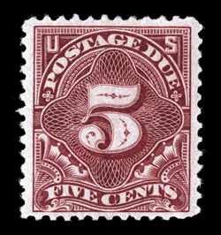 J34, 5c Deep claret, well centered within especially wide margins, strong rich color and a crisp impression, o.g., lightly hinged, choice very fine 1996 PSE
certificate.