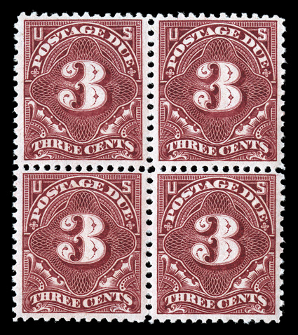 J40, 3c Deep claret, mint block of four, well centered, deep intense color and impression, o.g., n.h. (top left stamp with faint fingerprint), very fine.