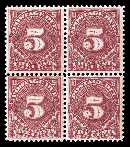 J41, 5c Deep claret, mint block of four, strong rich color, pristine o.g., n.h., fine-very fine.