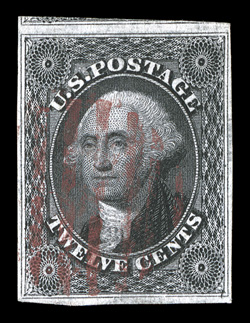 17, 12c Black, attractive used single, with four large margins, wonderfully rich color and an excellent clarity of impression, light red grid cancel, extremely fine 1999 PF
certificate.