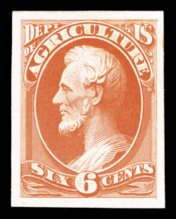 O4TCO86TC, 6c Lincoln design officials, Atlanta trial color plate proofs on card, complete set of all five colors for each of the Departments that issued a 6c Lincoln stamp
(Agriculture, Executive, Interior, Justice, Navy, State, Treasury and