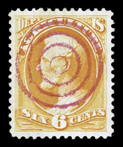 O4, 6c Agriculture, cancelled by a perfect central strike of a magenta target postmark, in addition that stamp is incredibly well centered within exceptionally large margins,
faint pressed out crease and two tiny filled thins, extremely fine