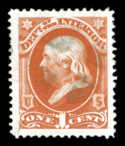 O15, 1c Interior, eye-catching used single, possessing remarkably large margins all around and being extraordinarily well centered within them, gorgeous bright color, unusually
light quartered cork cancel, an extremely fine and especially large-