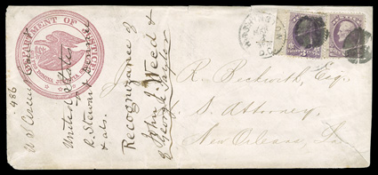 O27, O28, 3c and 6c Justice, singles of each, tied together to legal sized cover with handsome crimson seal corner card of the Department of Justice by two circular cork
postmarks, with Washington, March 8 c.d.s, addressed to the U.S. Attorney