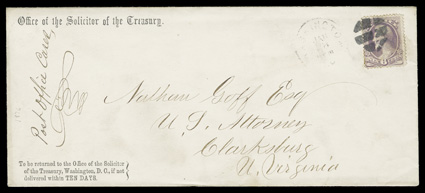 O28, 6c Justice, centered a bit to left, tied to unusual Office of the Solicitor of the Treasury imprinted legal size cover by circular segmented cut cork cancel, light
matching Washington, D.C.Jan 26 (1876) c.d.s. alongside, addressed to t