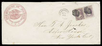 O28, O31, 6c and 15c Justice, singles of each, tied to an important legal sized cover with handsome crimson seal corner card of the Department of Justice by two circular cork
postmarks, with Washington, D.C.Aug 14 (1873) c.d.s. alongside, add