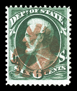 O60 var., 6c State, foreign entry of 6c Executive, position 41, used, stunning central strike of red circle of Vs postmark, deep luxuriant color, reperforated at left, fine
appearance a terribly scarce variety as only five or so are re